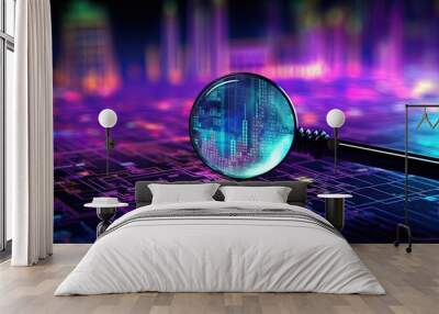 Magnifying glass enlarging the electronic circuit board with processor background. Magnifier with computer processor in neon color cyberpunk background. Wall mural