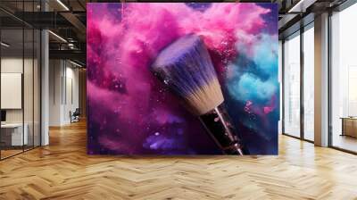 Make up brushes and colorful powder dust explosion background. Wall mural