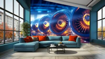 Modern blue turbofan jet engine blades background. Close up of turbojet of aircraft or spacecraft on with glowing yellow orange neon lights. Turbofan engine of the dark hangar  cabin airplane. Wall mural