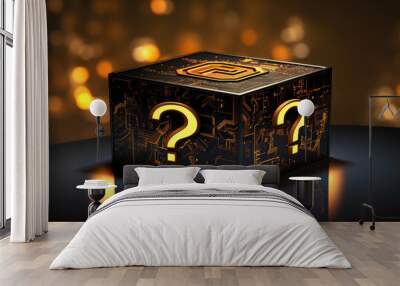 Mysterious gift box with question marks and golden bow on dark background with bokeh lights. Wall mural