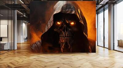 mysterious hooded figure with a skull face surrounded by orange smoke on a dark background, concept  Wall mural