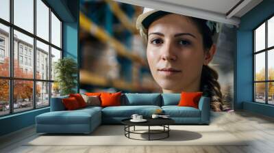 Portrait of a female engineer worker in the factory or distribution warehouse background with copy space Wall mural