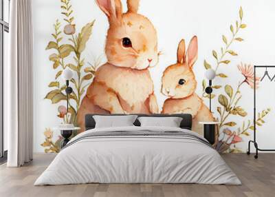 Rabbit family spends time together reading a book on white background. Animal and education concept. Generative AI Wall mural