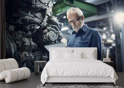 Senior engineer inspecting machinery in an industrial plant with a digital tablet. Wall mural