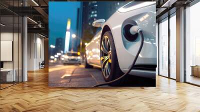 White electric car drive on night road in urban city with EV home charger station building skyscraper cityscape view background. Transportation and sustainable energy concept. Generative AI Wall mural