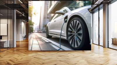 White electric car drive on road in urban city with EV home charger station building skyscraper cityscape view background. Transportation and sustainable energy concept. Generative AI Wall mural