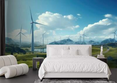 Wind power station with cloudy blue sky background. Wall mural