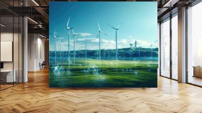 Wind power station with cloudy blue sky background. Wall mural