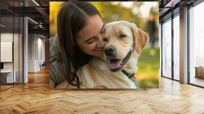 Woman smiling and hugging her labrador retriever in a park. Wall mural