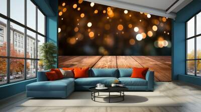 Wooden table with sparkling bokeh lights in the dark background. Festive holiday atmosphere backdrop. Wall mural