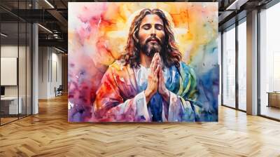 Abstract colorful art watercolor painting of Jesus Christ, praying to God, heaven and salvation, faith and love, easter, New Testament, Biblical theme concept
 Wall mural