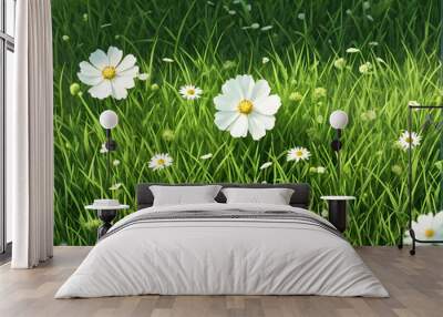 Create a top-down illustration of a summer field with white flowers in a flat style, featuring dense green grass. Ensure the artwork is designed for an 8k resolution, high quality output, with perfect Wall mural