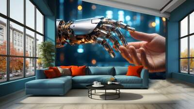 The human finger delicately touches the finger of a robot's metallic finger. Concept of harmonious coexistence of humans and AI technology
 Wall mural