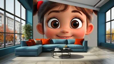 3D Cartoon Closeup of a Cheerful Girl on a Grey Background Wall mural