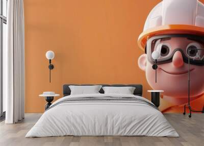 3D Cartoon Male Warehouse Worker in Hard Hat and Goggles Wall mural