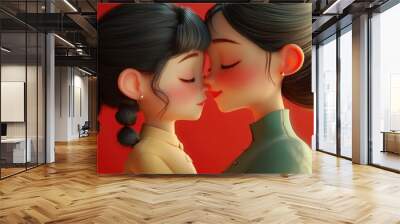 3D cartoon mother and daughter embracing with their faces close together Wall mural