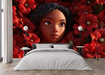 3D Cartoon of a Beautiful African American Teenage Girl Surrounded by Red Flowers in an Outdoor Scene Wall mural