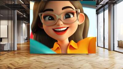 3D cartoon of a cheerful young woman steering a vehicle Wall mural