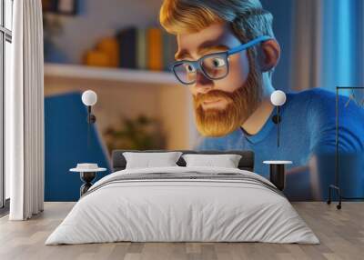 3D cartoon of a focused young blond man with a beard working late on a laptop in a cozy home office Wall mural