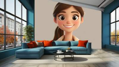 3D cartoon of a happy young woman with brown hair wearing a trendy beige jacket Wall mural