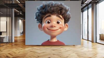 3D Cartoon of a joyful young boy with curly hair smiling brightly at the camera Wall mural