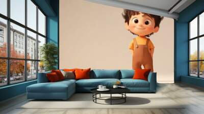 3D Cartoon of a Little Boy Dressed in Brown Overalls Wall mural