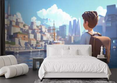 3D Cartoon of a Young Man with a Backpack by the Sea City Pier and Ships Wall mural