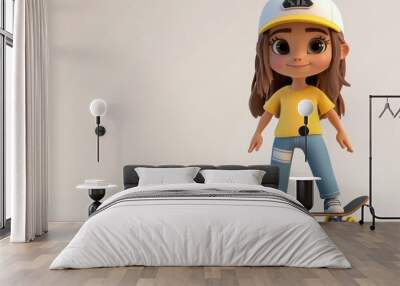 3D cartoon of a young skater girl with a skateboard Wall mural