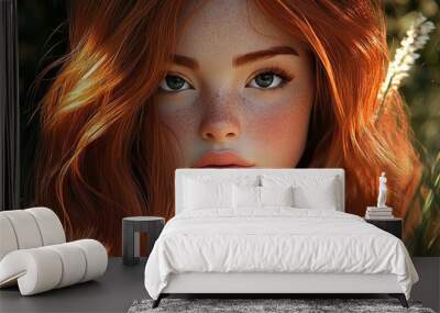 3D Cartoon Portrait of a Beautiful Young Woman with Red Hair Outdoors Wall mural