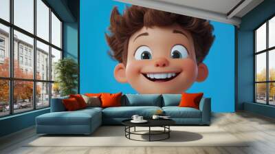 3D cartoon portrait of a joyful child in casual attire against a vibrant blue backdrop Wall mural