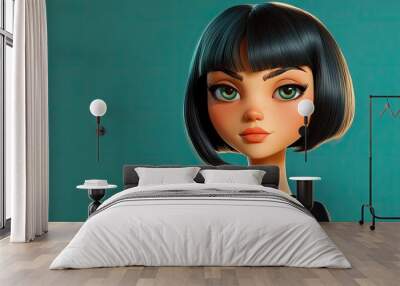 3D Cartoon Portrait of a Trendy Lady in a Black Tee with Short Hair and Chic Hairstyle Wall mural