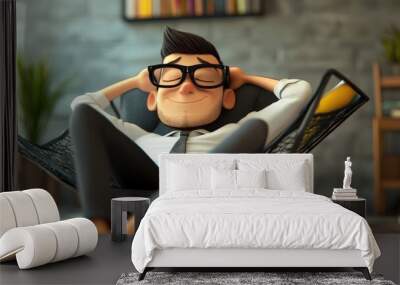 3D Cartoon Relaxed Businessman Taking a Break Wall mural