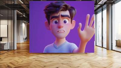 3D cartoon young man with a serious expression looking stern and displeased making a stop gesture with an open palm against a purple backdrop Wall mural