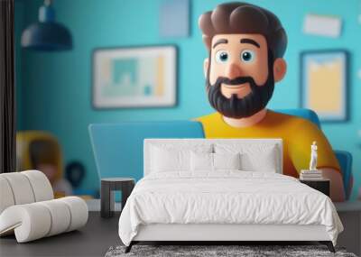 A 3D cartoon of a guy focused on his laptop while working from home Wall mural