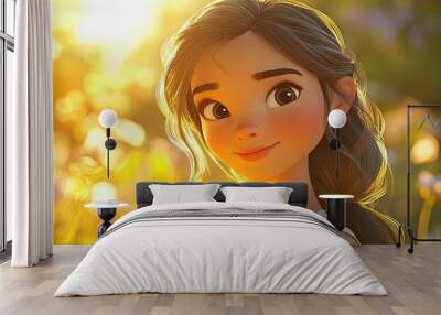 A 3D cartoon portrait of a young beautiful girl delighting in the warm sunset rays and soft sunny light Wall mural