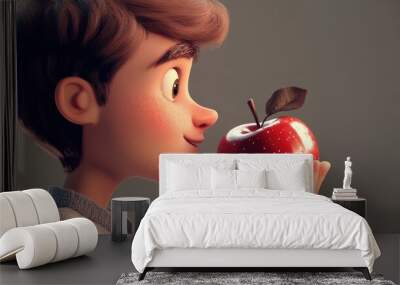 A 3D cartoon profile of a young man enjoying a shiny red apple Wall mural