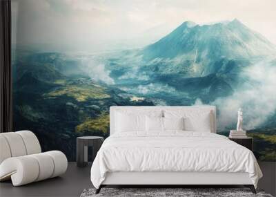 A captivating volcanic landscape featuring rugged terrain steam vents and active volcanic features showcasing the striking power and geological marvels of such regions Wall mural