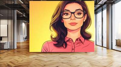 A cartoon woman wearing glasses and a blouse against a bright background Wall mural