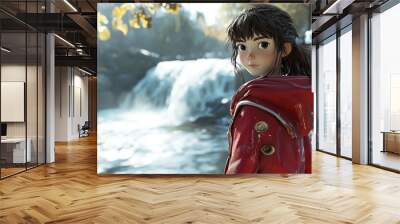 A humorous 3D cartoon portrait of a teenage girl in a red coat by a flowing river Wall mural