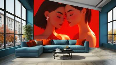 A vibrant 3D cartoon close up of two women in matching red dresses sharing a warm embrace Wall mural