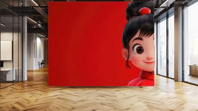 Adorable 3D cartoon girl with an Asian look on a bright red backdrop Wall mural