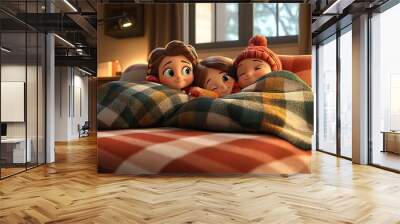 Adorable 3D cartoon sisters with plaid cozying up on a couch at home Wall mural