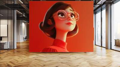 Charming animated girl in a red dress and stylish glasses against a bright backdrop Wall mural