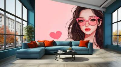 Charming cartoon lady in love wearing pink glasses Wall mural