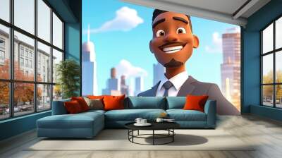 Cheerful 3D cartoon black man strolling through a city on his way to work beaming with joy as a realtor on a morning adventure Happy journey career professional and real estate expert in animated Wall mural