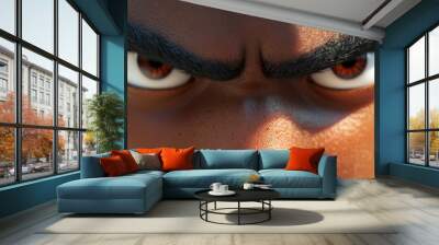 Close up 3D cartoon portrait of a male character with an intense expression and African American features Wall mural