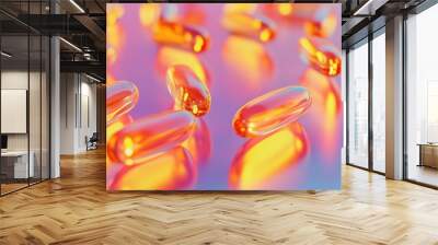 Colorful 3D fish oil capsules with omega 3 on a bright tabletop Whimsical healthy diet theme Animated soft gel supplements for health boost Fun wellness concept Wall mural