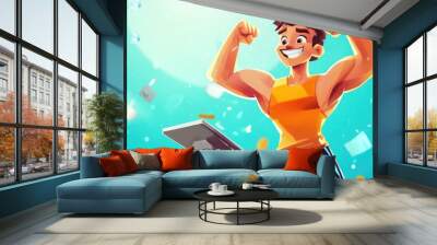 Energetic cartoon athlete with a weighing scale on a bright background Wall mural