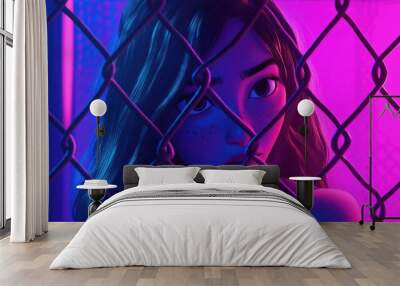 Neon lit 3D cartoon woman behind chain link fence Wall mural