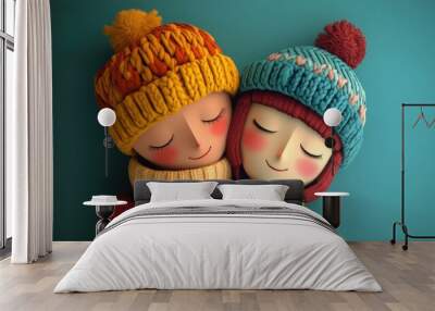 two animated friends cuddling in colorful hats Wall mural